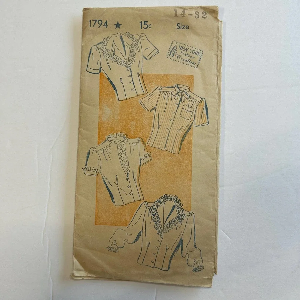 Vintage 1940's New York Pattern‎ #1794 Blouses Size 14-32